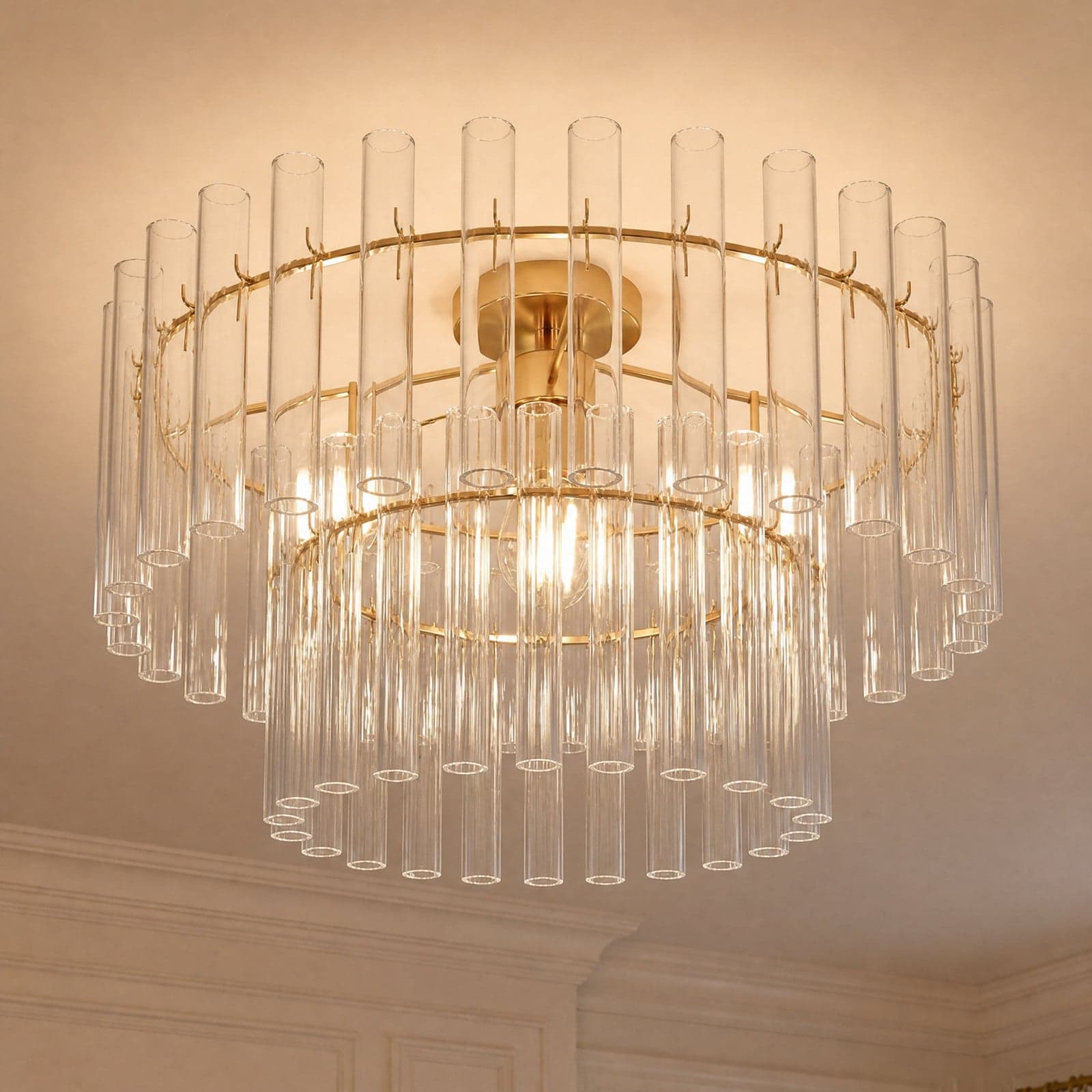 Leanna taklampe, klar/messing, Ø 54 cm, glass – Lucande - Stue - Moderne - Med en lyskilde