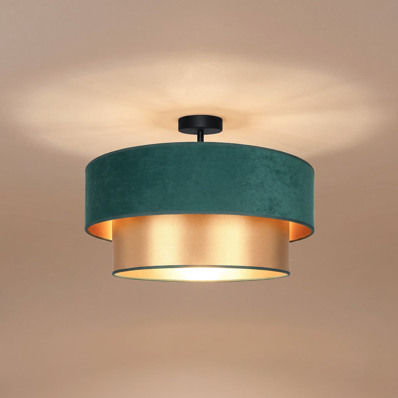 Dorina taklampe, grønn/gull, Ø 60 cm, tekstil, E27 – Duolla - Kjøkken - Ungdommelig - Stoff / Tekstil - Med en lyskilde
