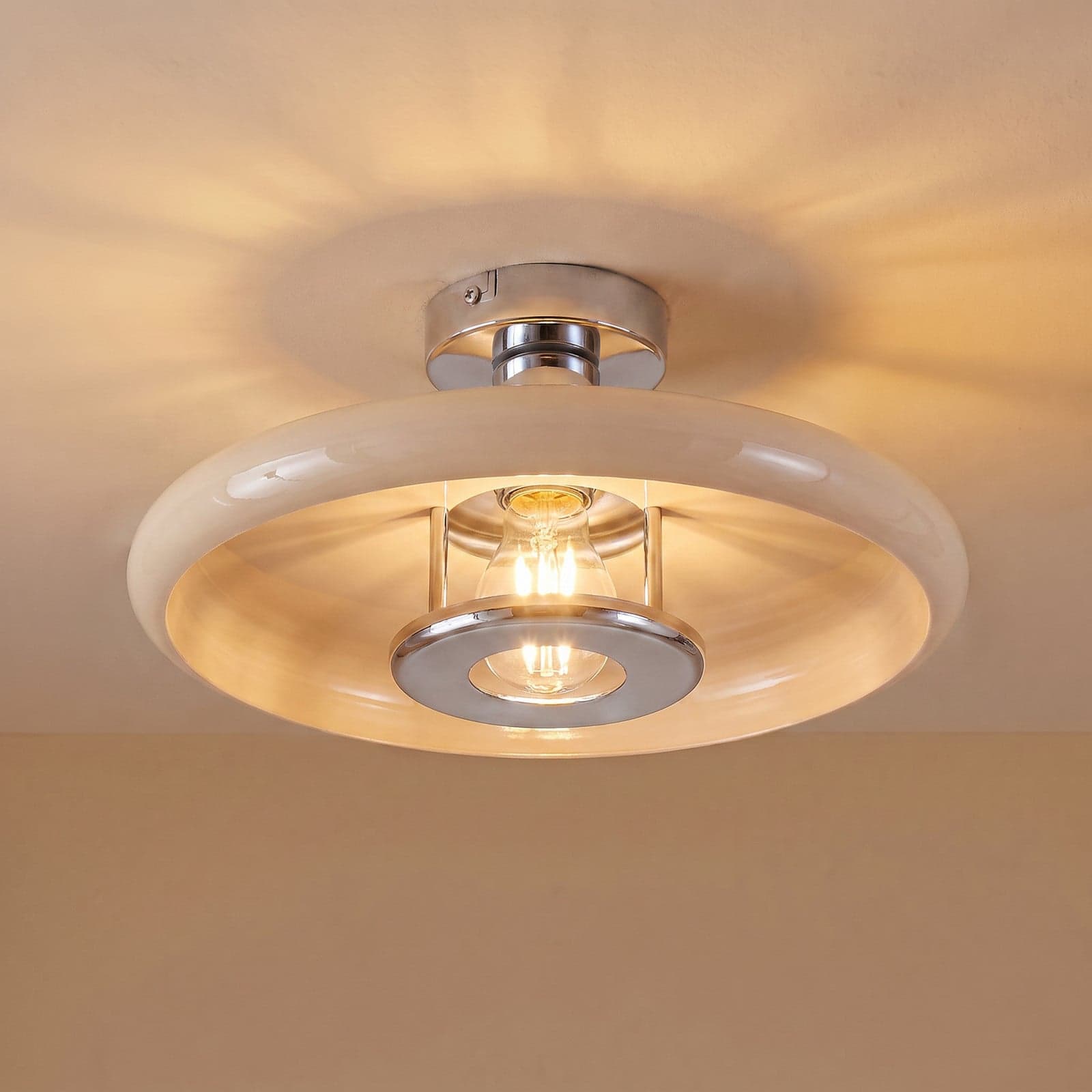 Branford taklampe, retro, Ø 35 cm, beige, metall - Lindby - Stue - Vintage - Med en lyskilde