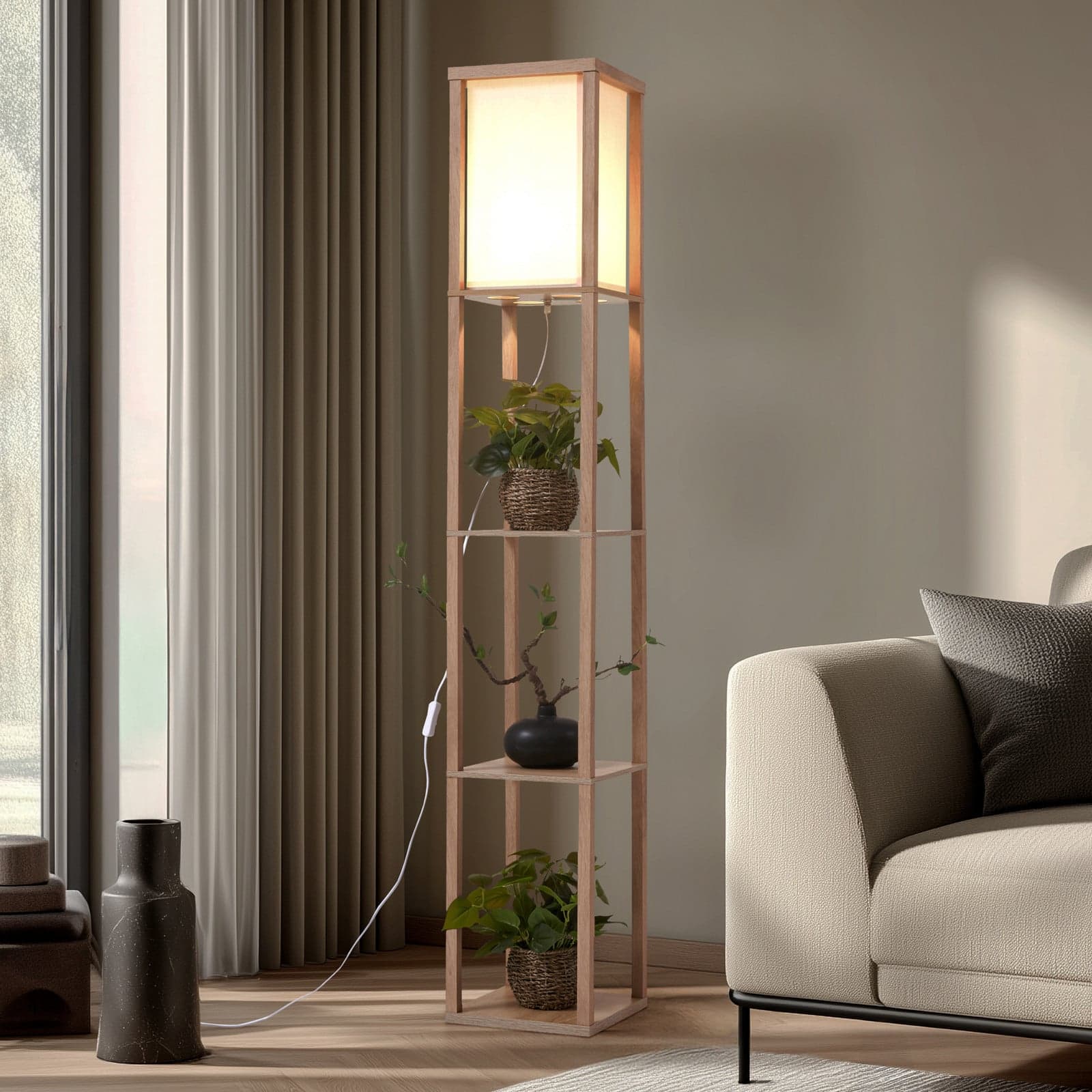 Birta gulvlampe, trefarget/hvit, hyller, tre - Lindby - Stue - Moderne - Kantet