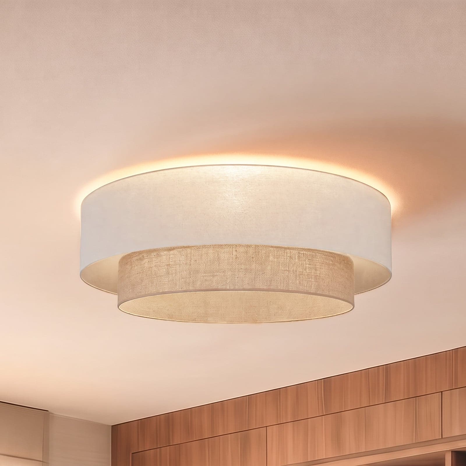 Boho-taklampe, beige/jute, Ø 80 cm, tekstil, E27 – Duolla - Entré - Stoff / Tekstil - Plafond