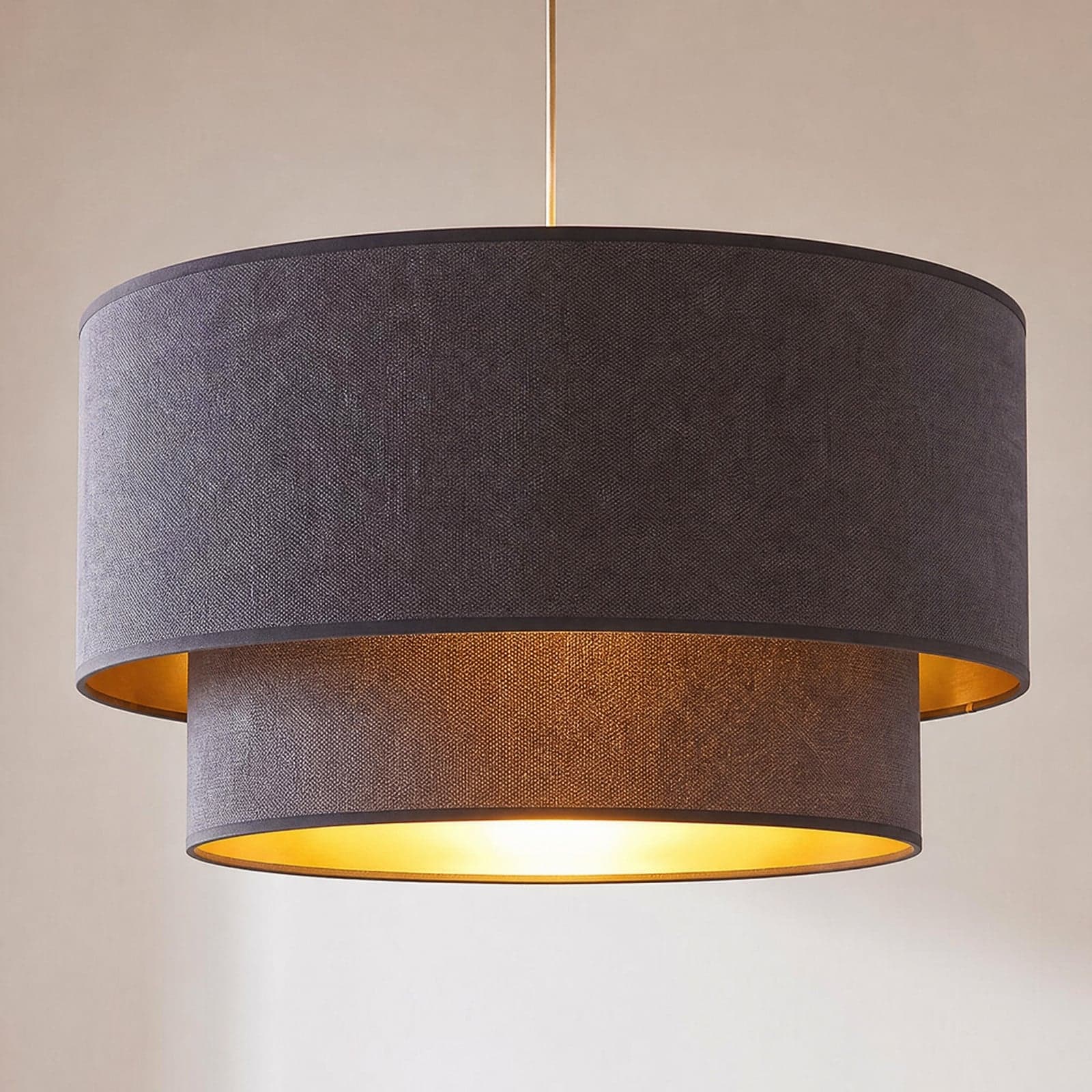 Boho-pendellampe, grå/gull, Ø 45 cm, tekstil, E27 – Duolla - Soverom - Ungdommelig - Stoff / Tekstil - Med en lyskilde