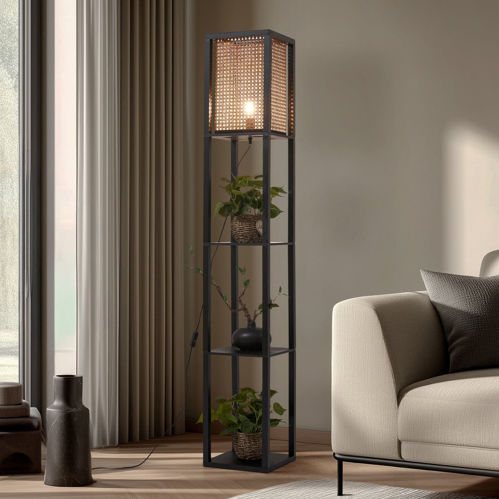 Birta gulvlampe, svart/natur, hylle, rotting - Lindby - Stue - Moderne - Tre - Kantet