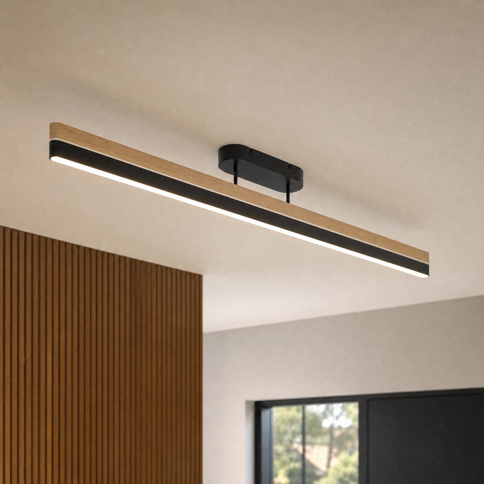 LED-taklampe Holven, 113 cm, svart/tre, dimbar, CCT – Lucande - Stue - Moderne - Lineær