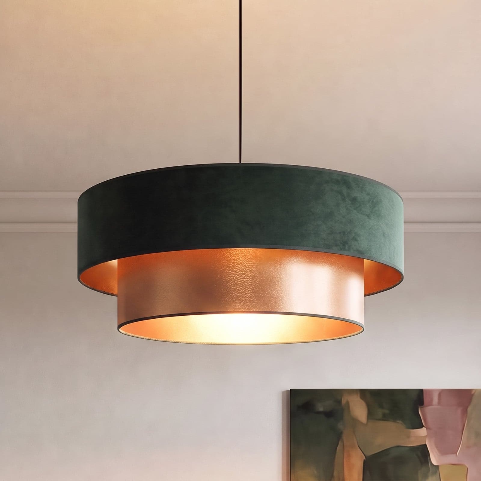Dorina pendellampe, grønn/gull, Ø 60 cm, tekstil, E27 – Duolla - Soverom - Ungdommelig - Stoff / Tekstil - Med en lyskilde