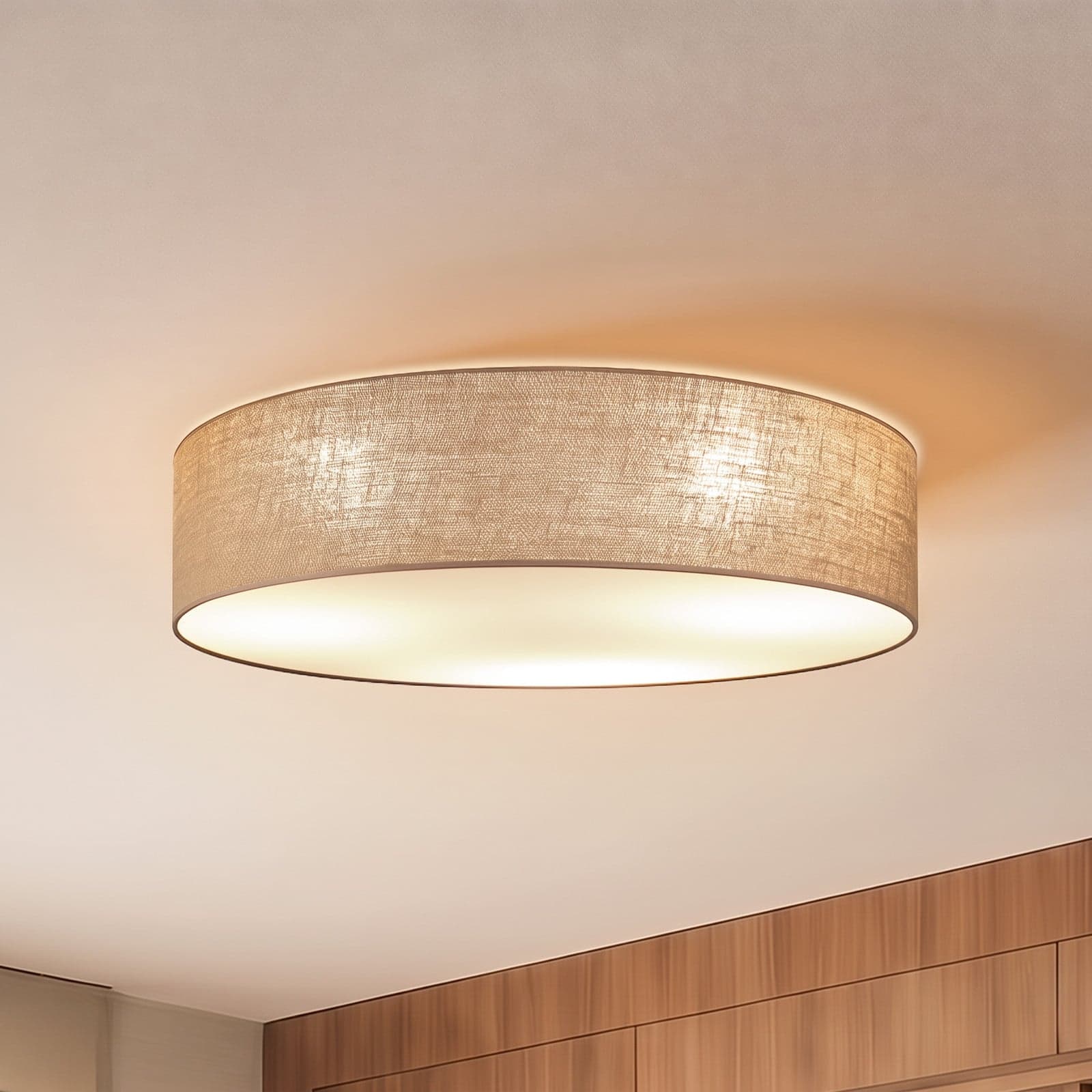 Boho-taklampe, jute/jute, Ø 80 cm, tekstil, E27 – Duolla - Entré - Stoff / Tekstil - Plafond