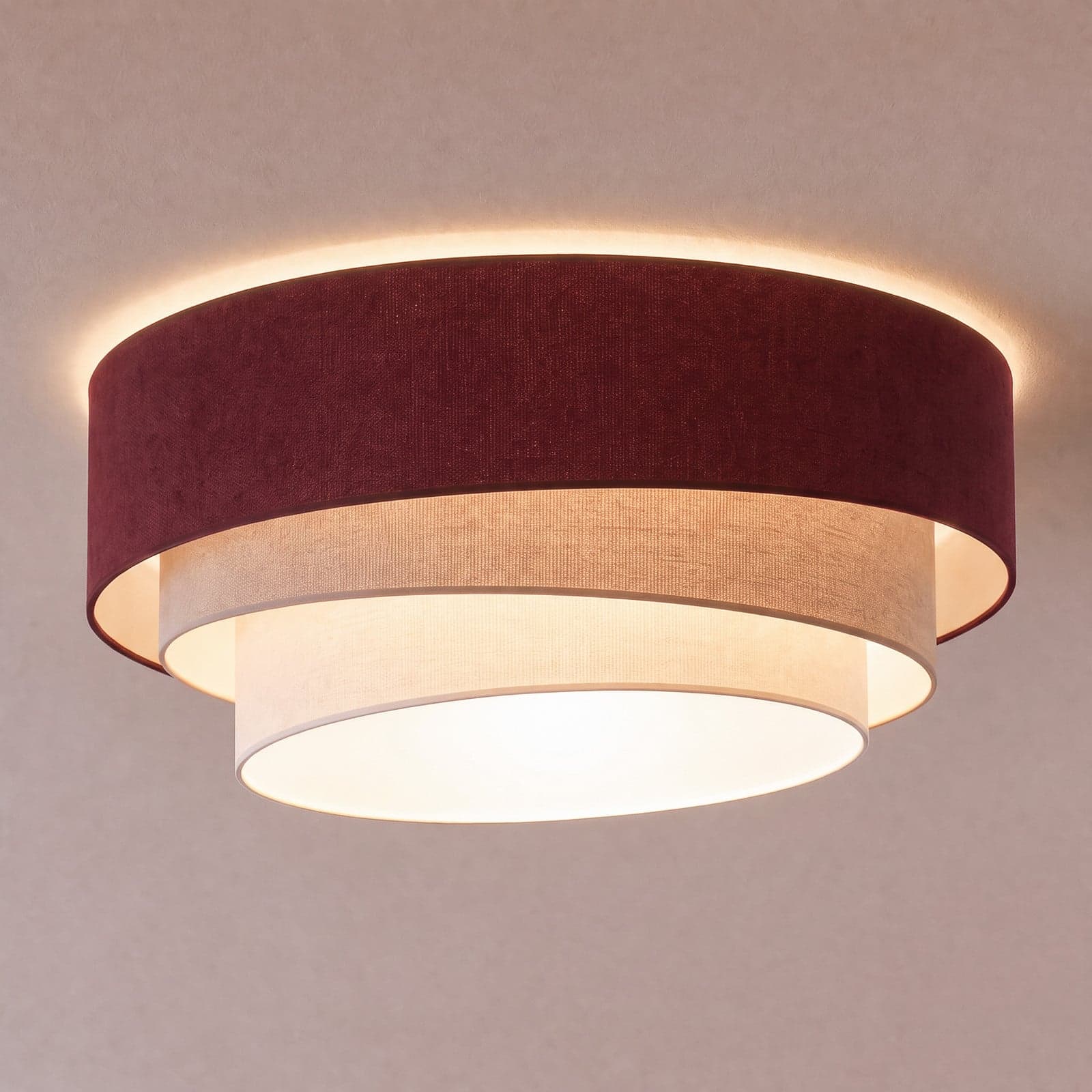 Trio taklampe mørkerød/beige Ø60 cm, tekstil, E27 – Duolla - Kjøkken - Ungdommelig - Stoff / Tekstil - Med flere lyskilder