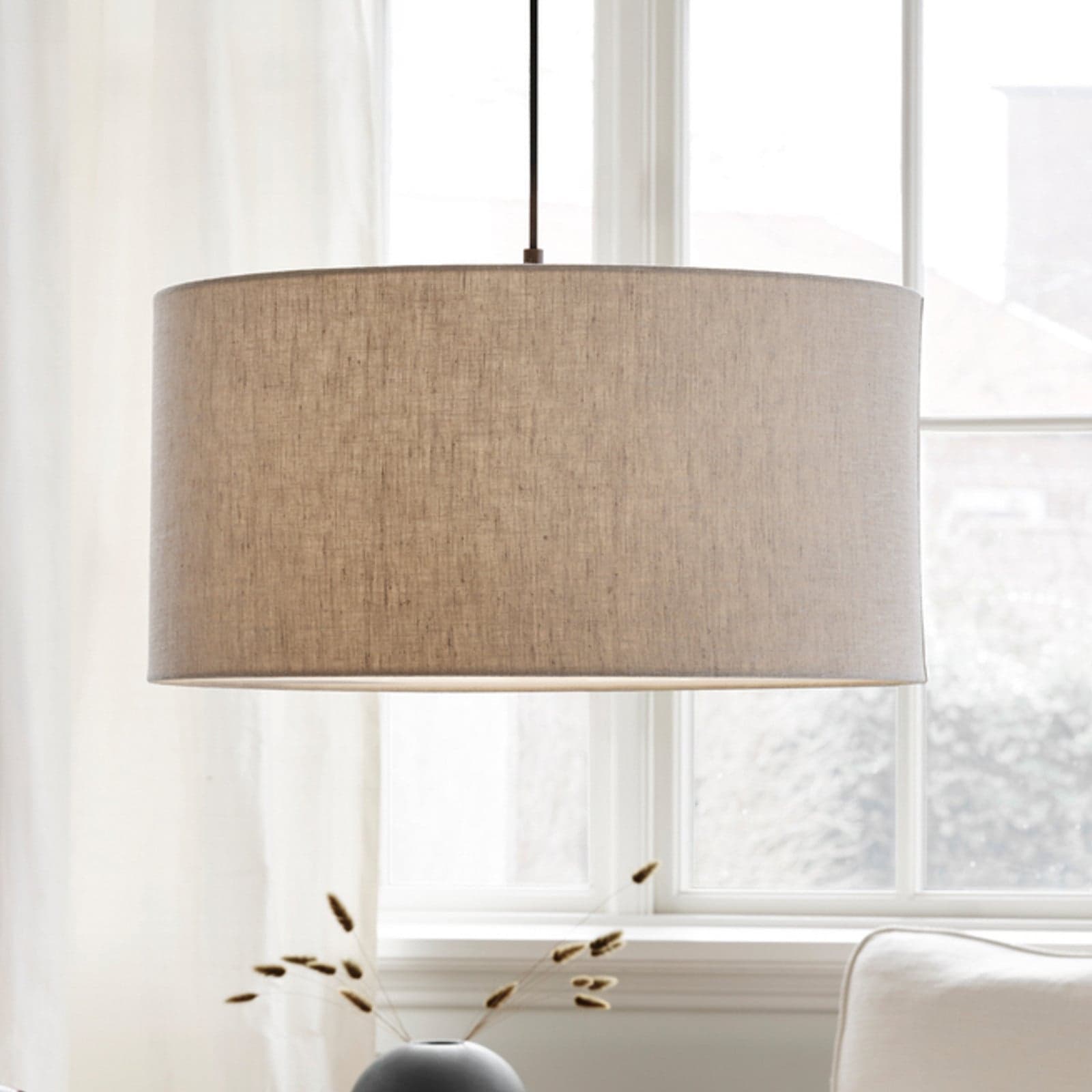 Soft hengelampe, Ø60 cm, natur/bronse, lin, 3 lyskilder – Belid - Stue - Skandinavisk - Stoff / Tekstil - Med skjerm