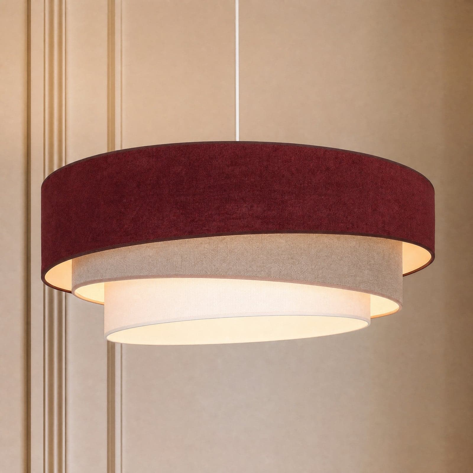 Trio pendellampe, mørkerød/beige, Ø60 cm, tekstil, E27 – Duolla - Stue - Ungdommelig - Stoff / Tekstil - Med en lyskilde