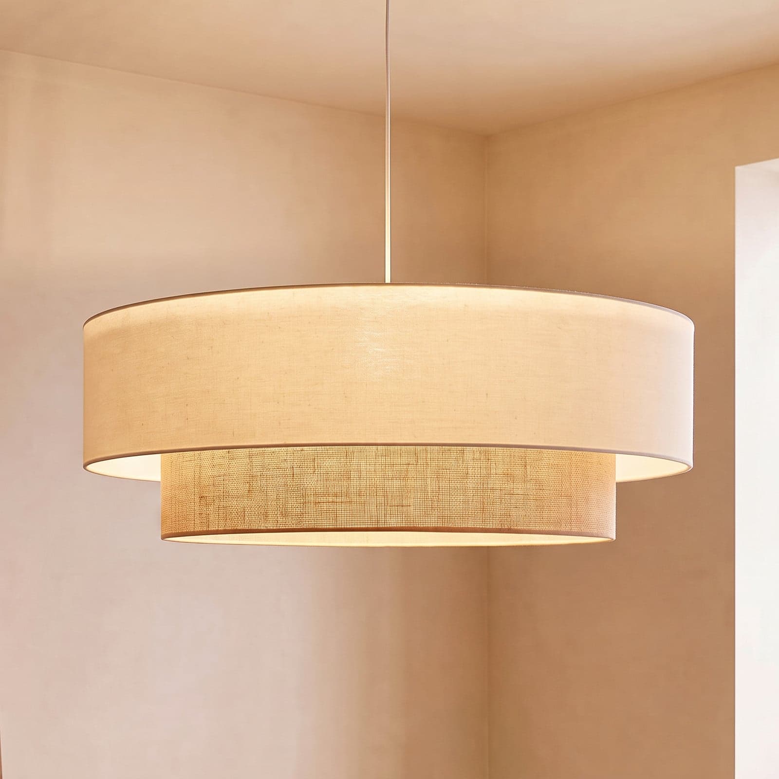 Boho-pendellampe, beige/jute, Ø 80 cm, tekstil, E27 – Duolla - Soverom - Stoff / Tekstil - Med en lyskilde