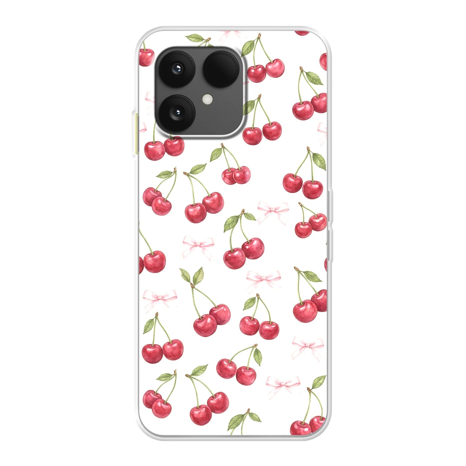 Transparent mjukt skal med namn för Fairphone 6 - Motiv: Cherry Bow Toss Design (tryckt design)