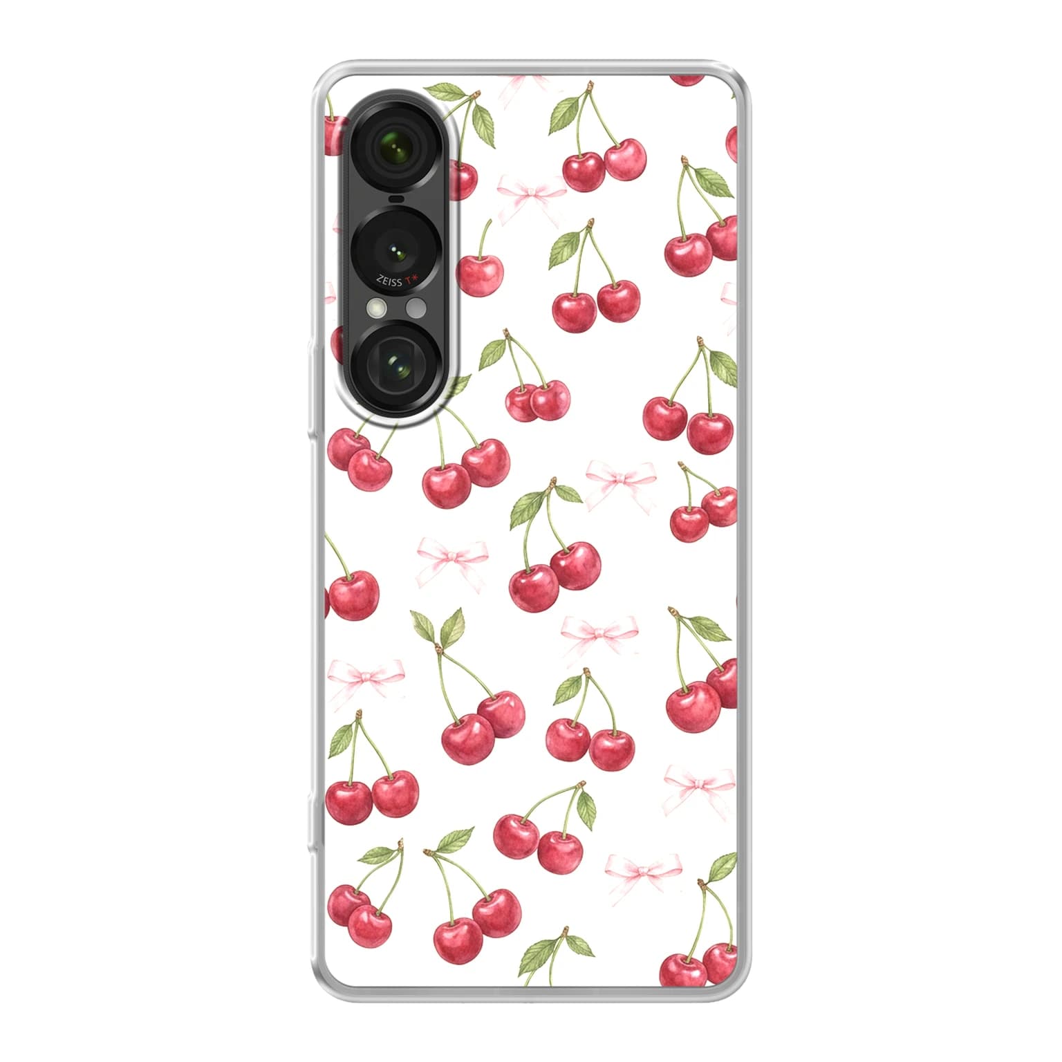 Transparent mjukt skal med namn för Sony Xperia 1 VII - Motiv: Cherry Bow Toss Design (tryckt design)