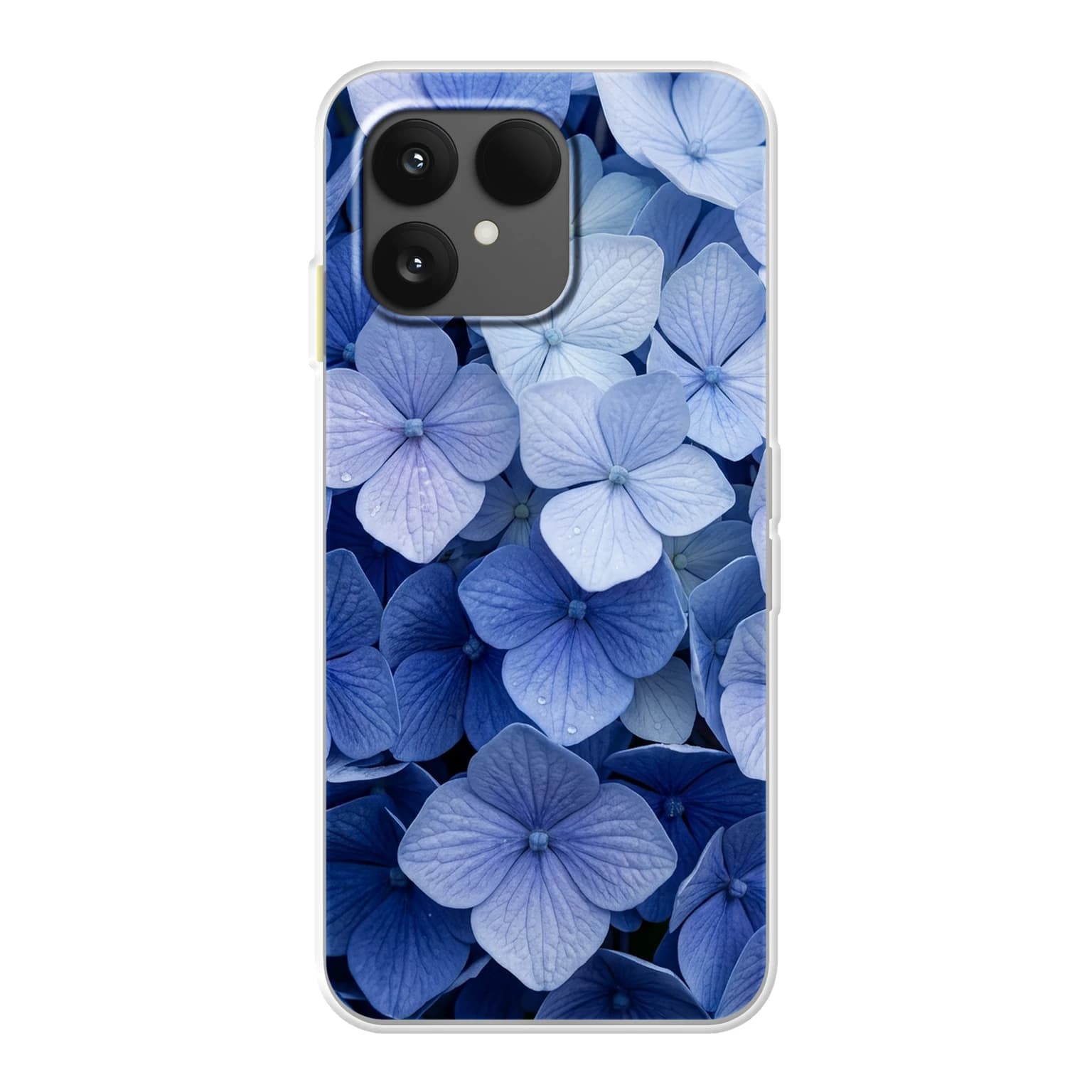 Transparent mjukt skal med namn för Fairphone 6 - Motiv: Blue Hydrangea Design (tryckt design)
