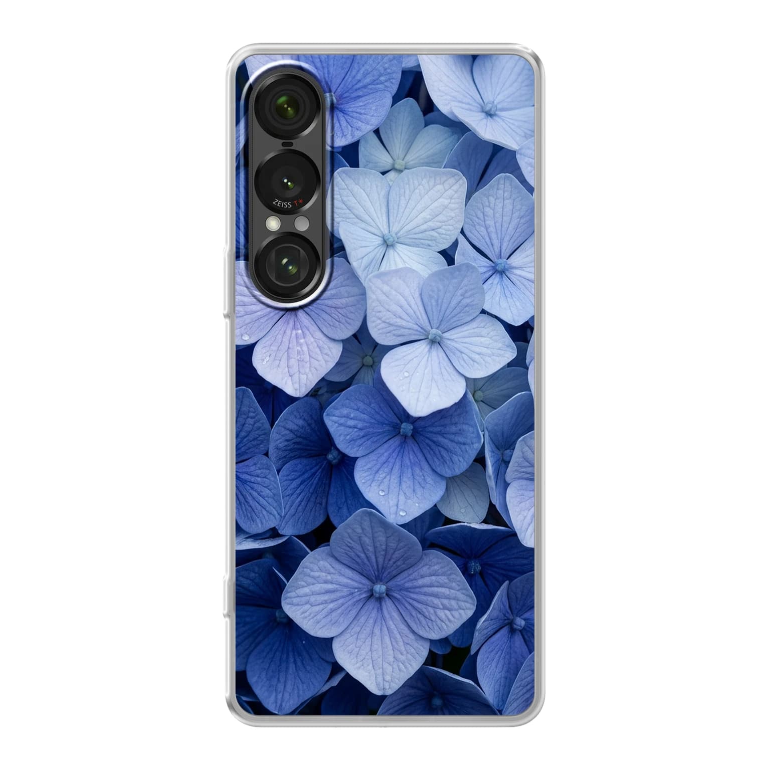 Transparent mjukt skal med namn för Sony Xperia 1 VII - Motiv: Blue Hydrangea Design (tryckt design)