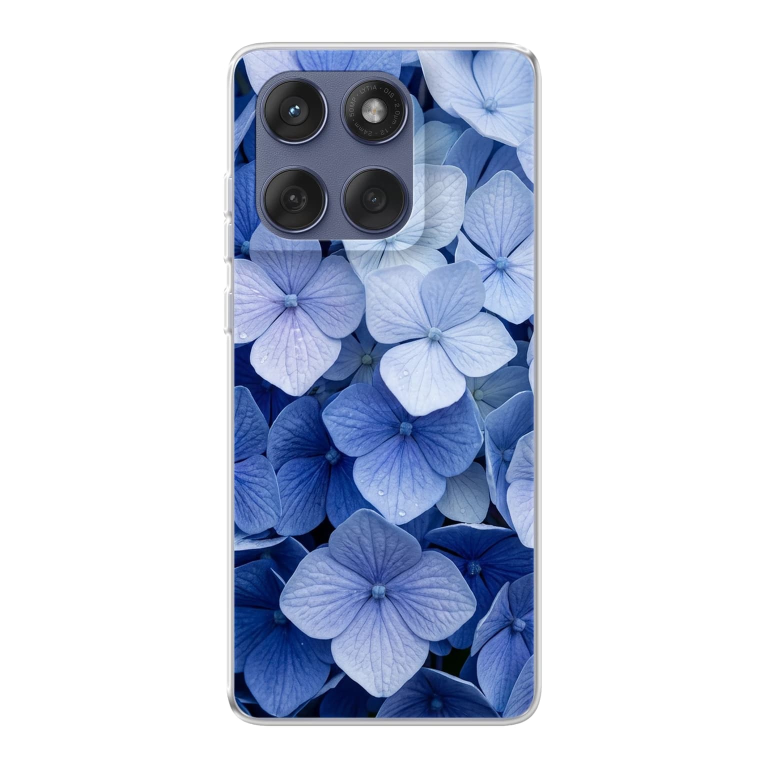 Transparent mjukt skal med namn för Motorola Edge 60 - Motiv: Blue Hydrangea Design (tryckt design)