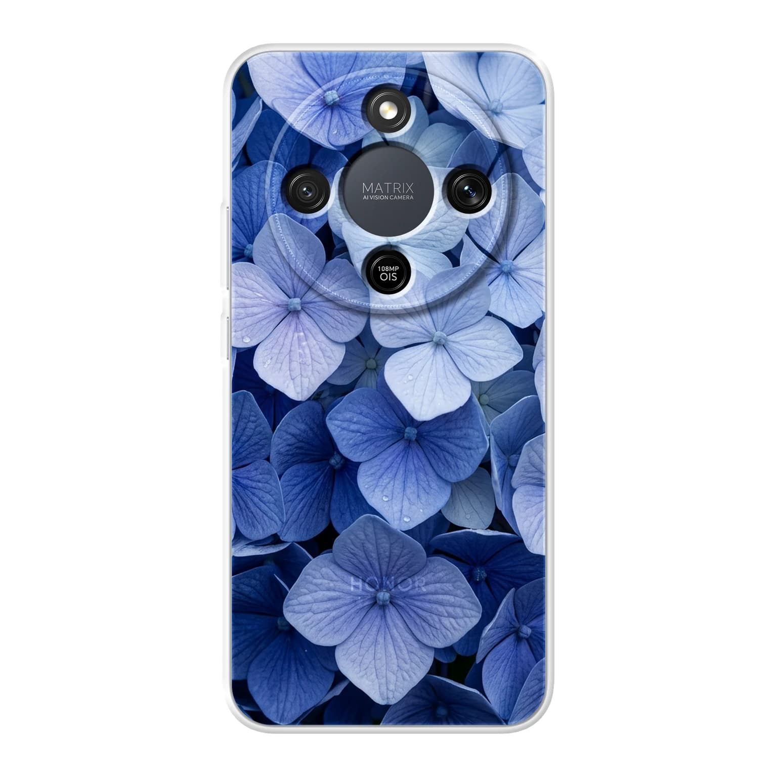 Transparent mjukt skal med namn för Honor MAGIC8 Lite - Motiv: Blue Hydrangea Design (tryckt design)