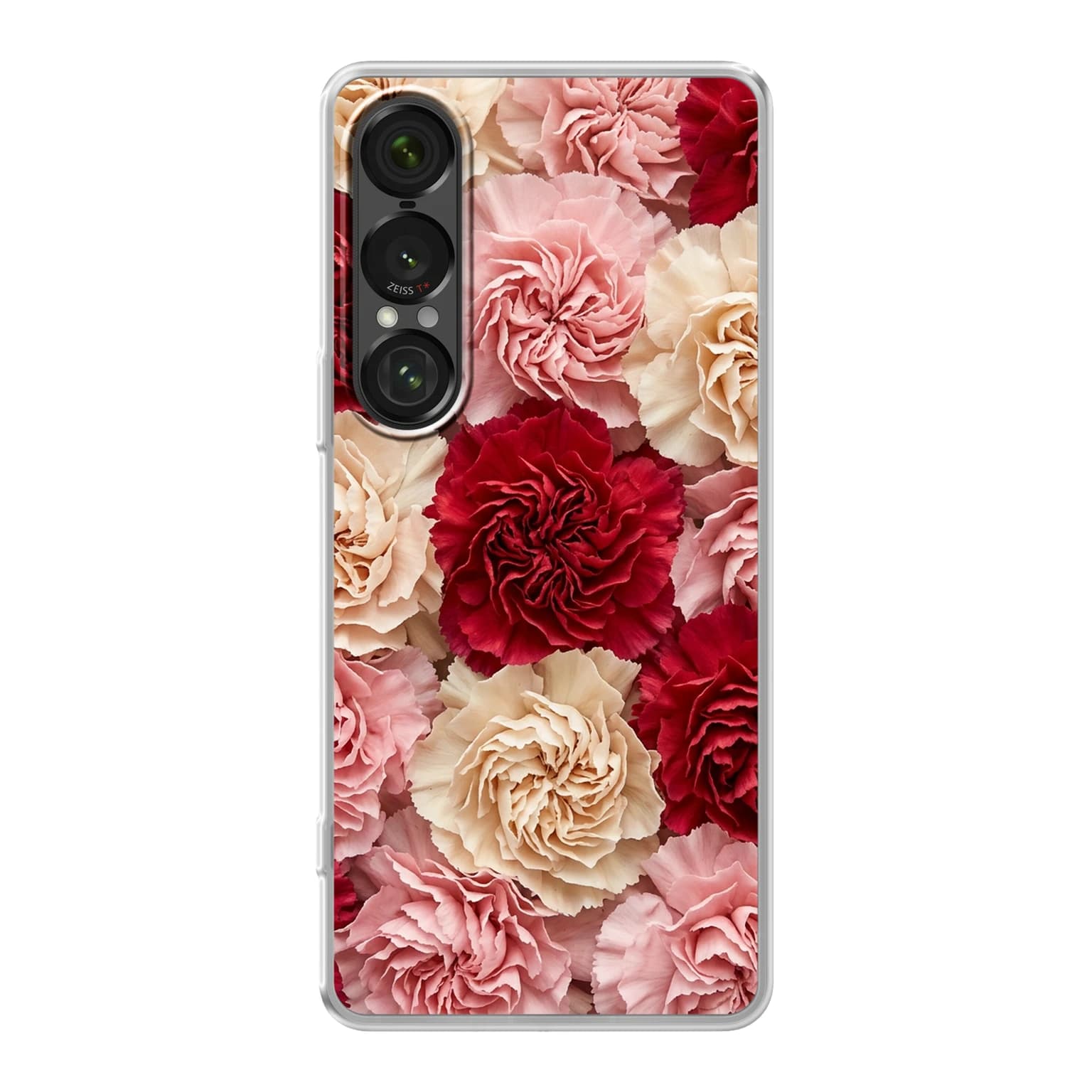 Transparent mjukt skal med namn för Sony Xperia 1 VII - Motiv: Carnation Design (tryckt design)