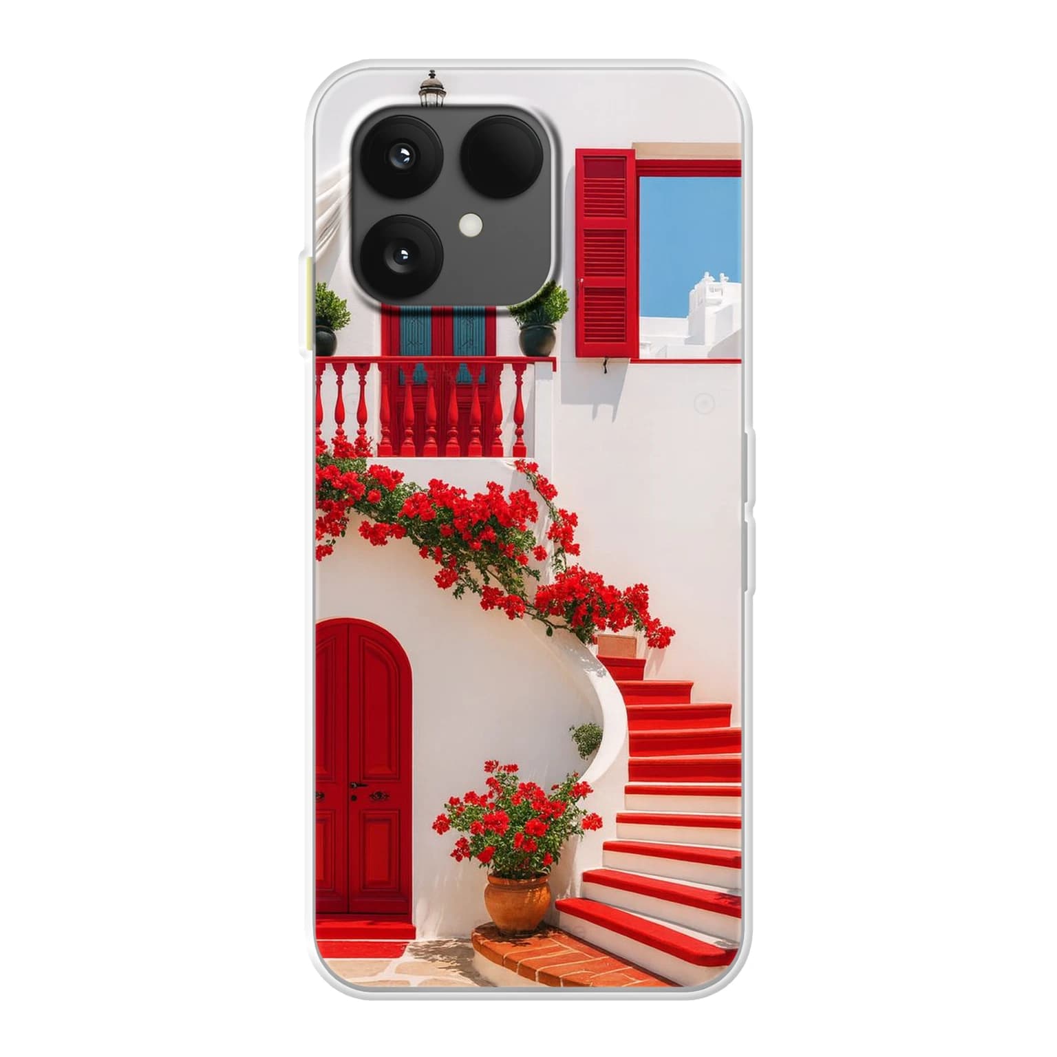 Transparent mjukt skal med namn för Fairphone 6 - Motiv: Aegean Red Bloom Design (tryckt design)