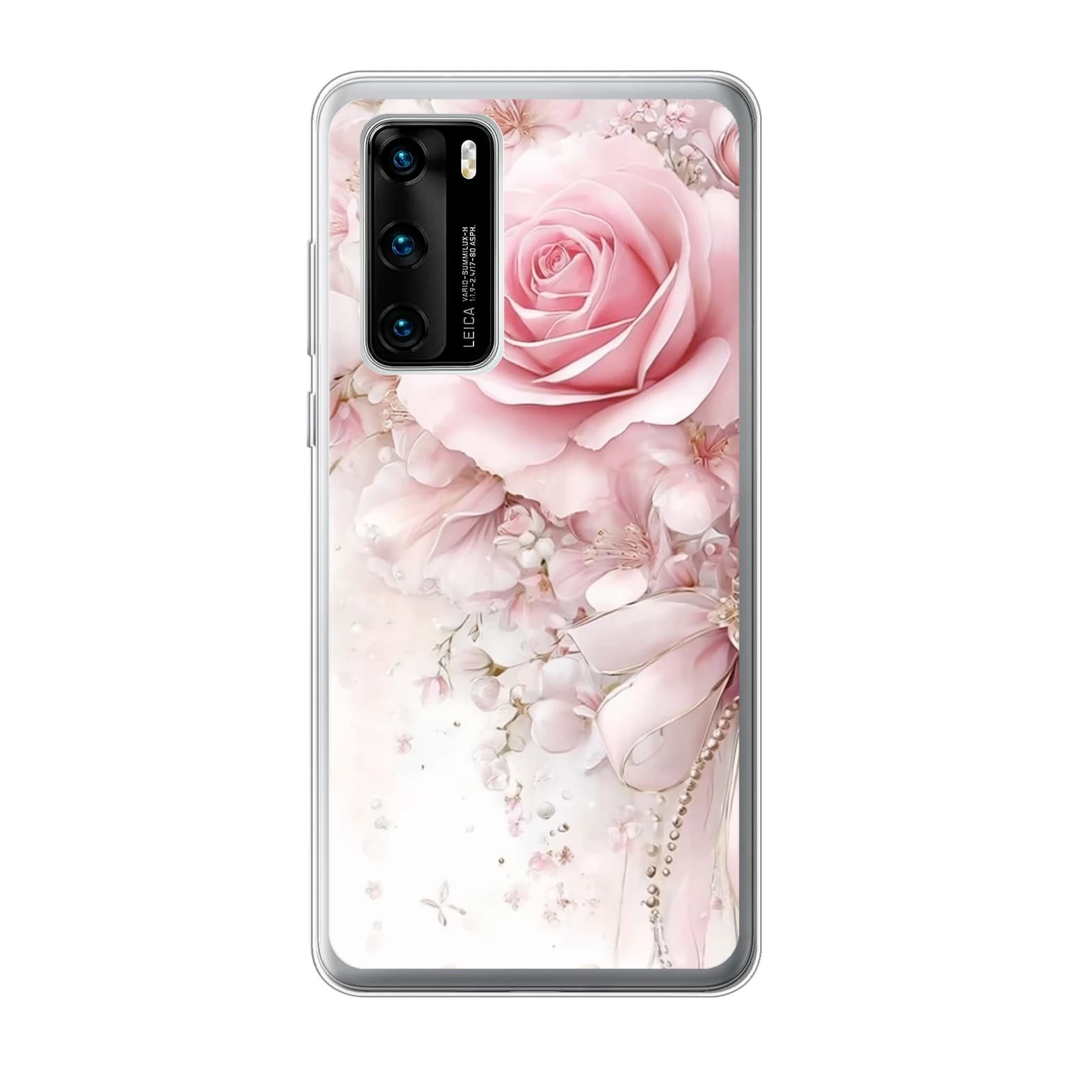 Transparent mjukt skal med namn för Huawei P40 - Motiv: Blushing Rose Pearl Bow Design (tryckt design)