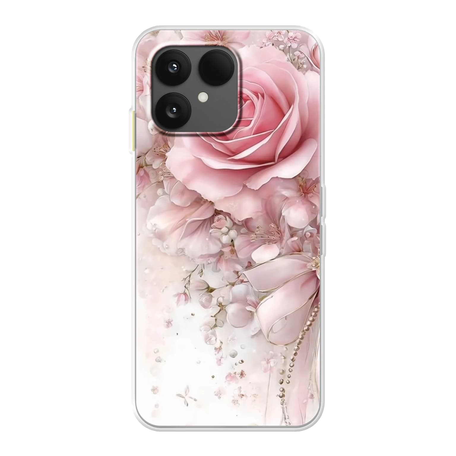 Transparent mjukt skal med namn för Fairphone 6 - Motiv: Blushing Rose Pearl Bow Design (tryckt design)