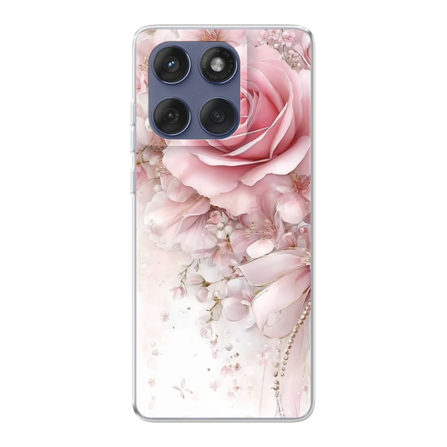 Transparent mjukt skal med namn för Motorola Edge 60 - Motiv: Blushing Rose Pearl Bow Design (tryckt design)