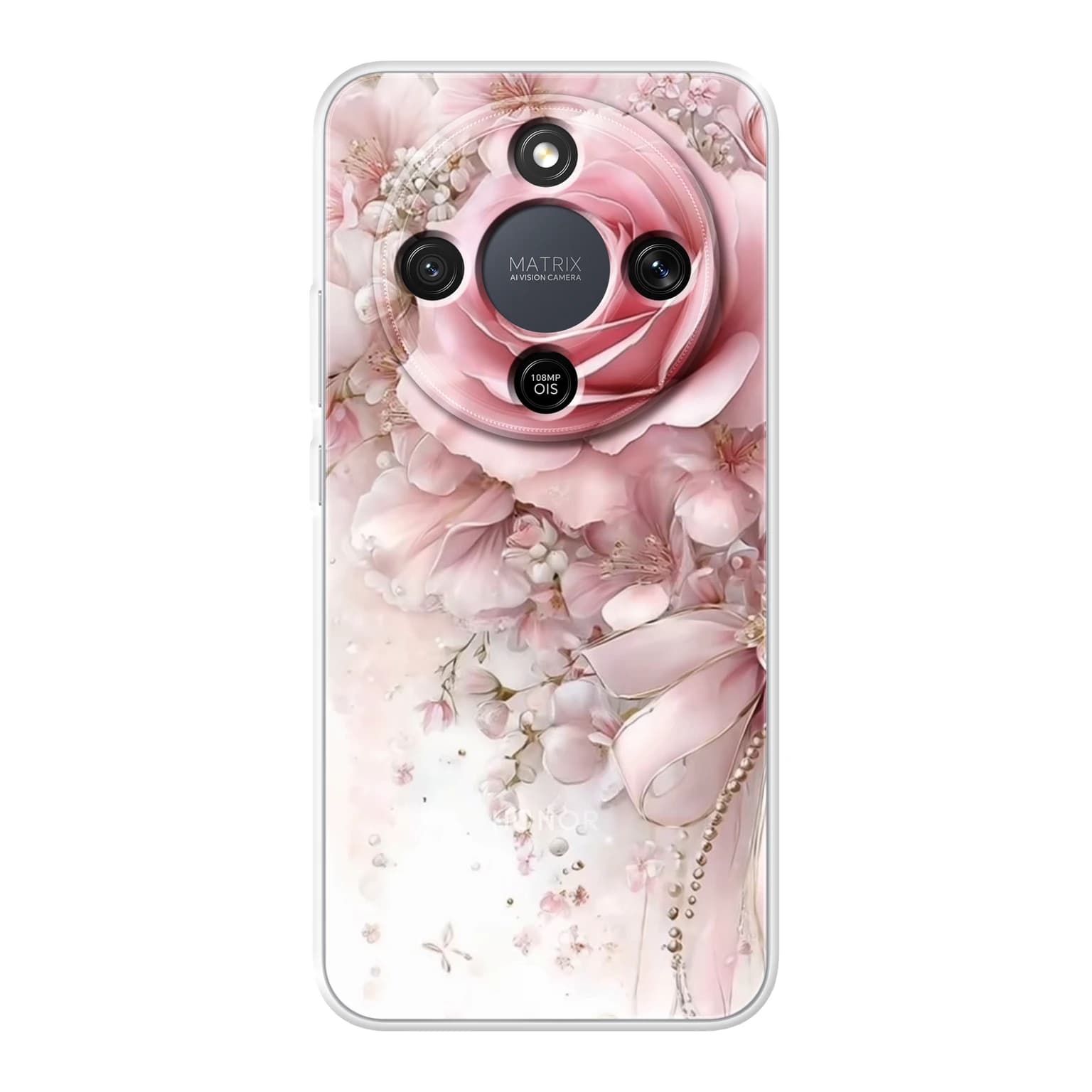 Transparent mjukt skal med namn för Honor MAGIC8 Lite - Motiv: Blushing Rose Pearl Bow Design (tryckt design)