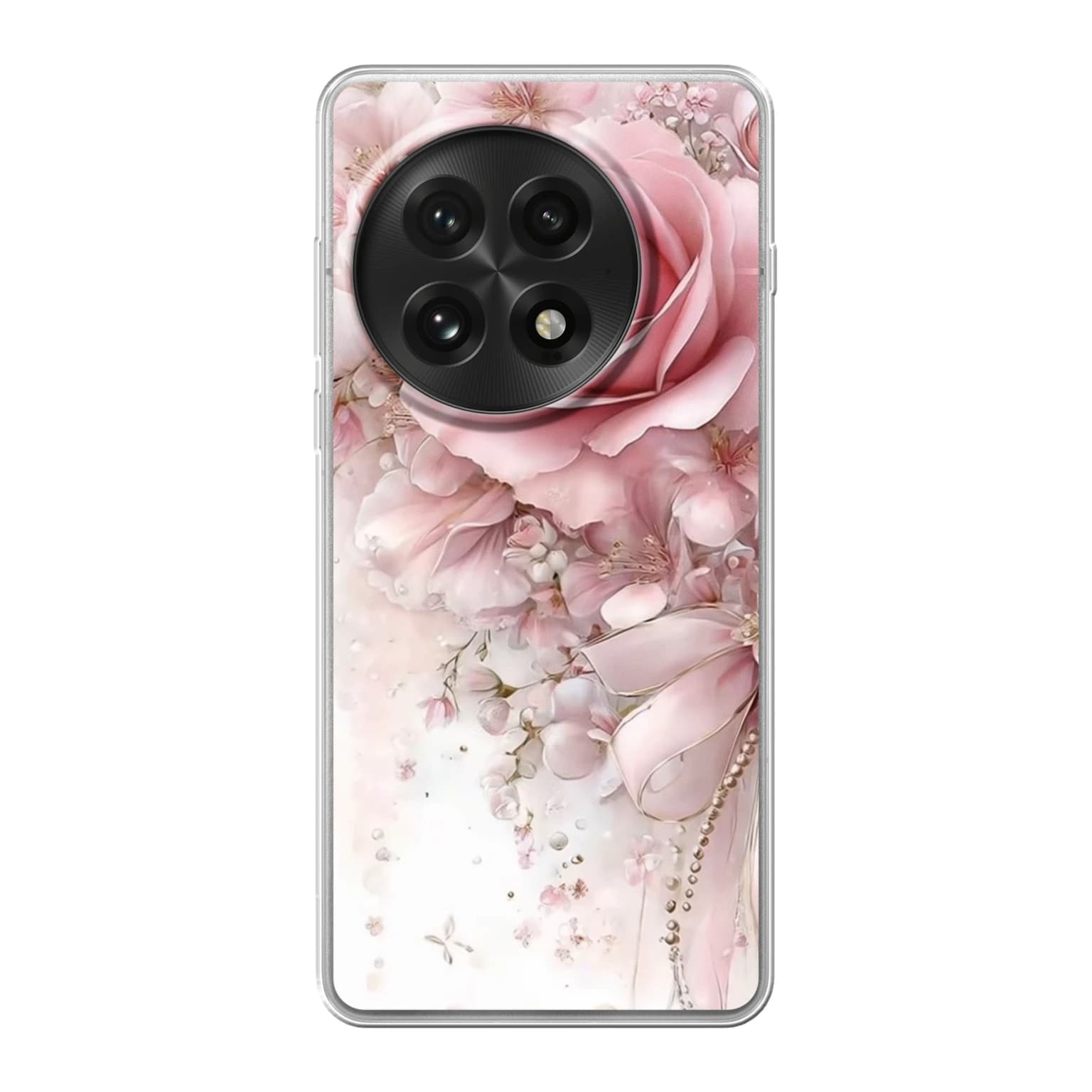 Transparent mjukt skal med namn för OnePlus 13 - Motiv: Blushing Rose Pearl Bow Design (tryckt design)