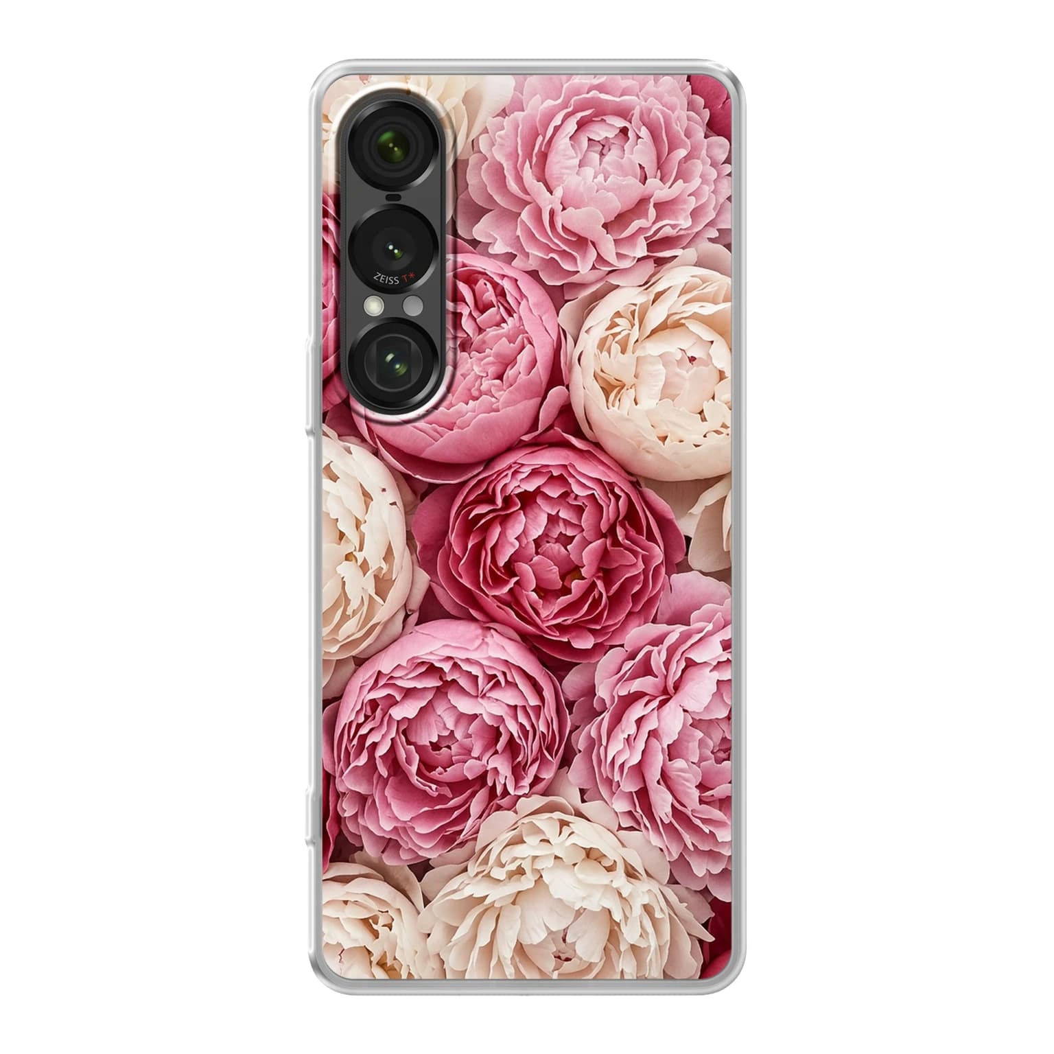 Transparent mjukt skal med namn för Sony Xperia 1 VII - Motiv: Peony Design (tryckt design)