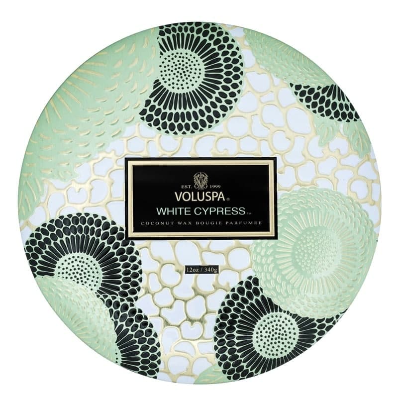 Voluspa 3-Wick Decorative Tin Candle White Cypress 340g
