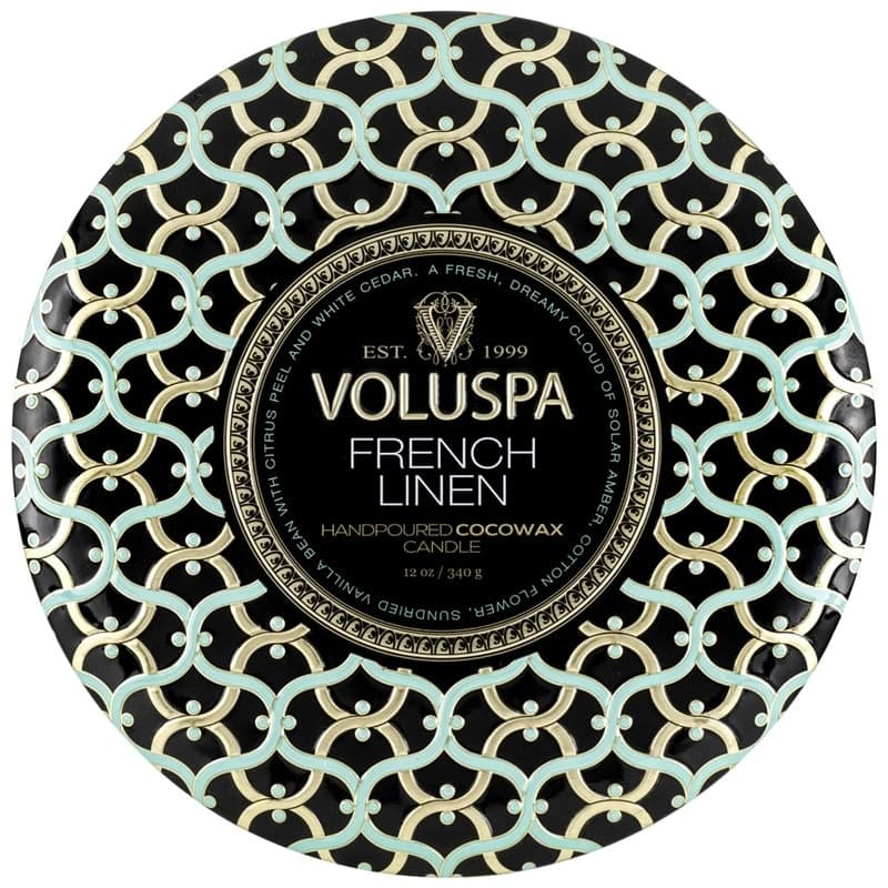 Voluspa 3-Wick Candle Decorative Tin French Linen 340g