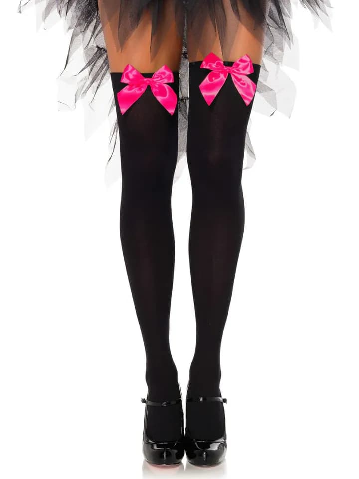 Nylon Thigh Highs With Bow Black/Pink - Onesize
