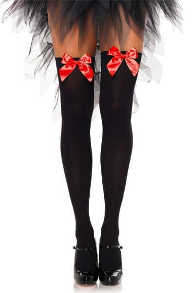 Nylon Thigh Highs With Bow Black/Red - Onesize