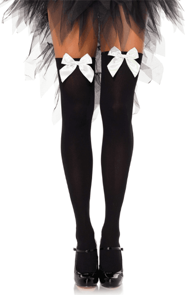 Nylon Thigh Highs With Bow Black/White - Onesize