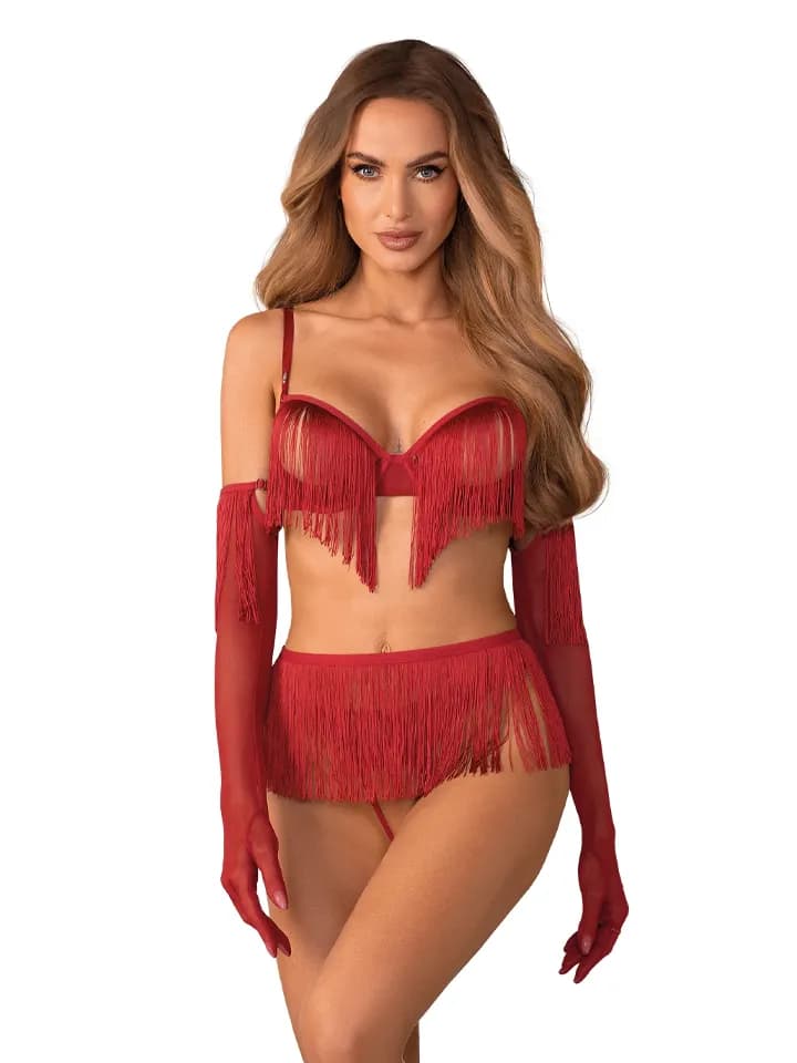 Obsessive Rossay 4-pcs Crotchless Set Red - XXL/XXXL