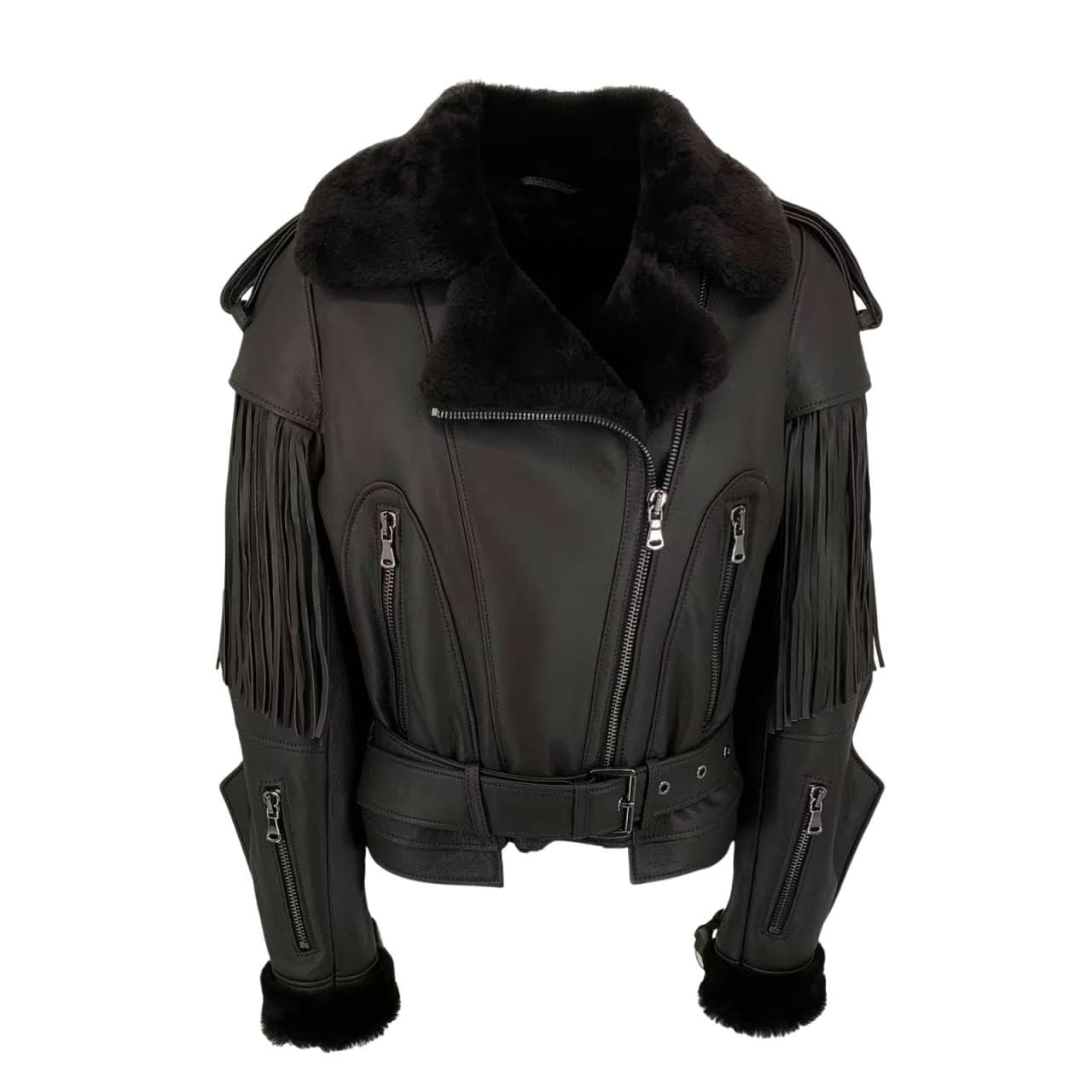 Lammfelljacke im Western-Stil – Raffinierte Fransen, edle... - Größe: L