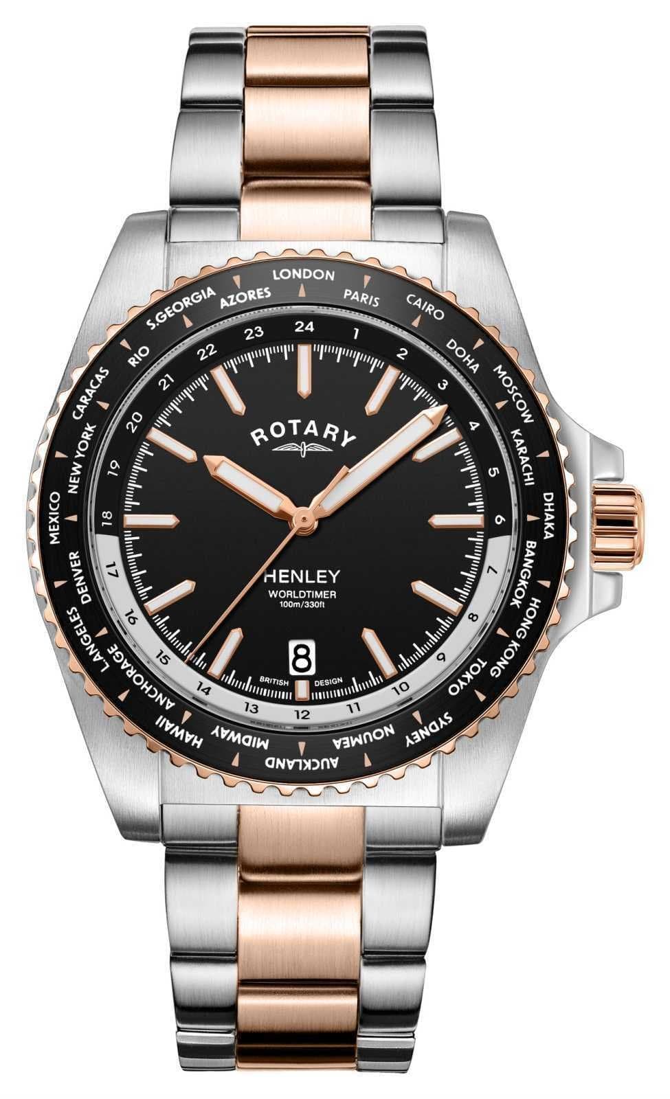Rotary Henley Watch | World Time | Black Dial | Two Tone Bracelet GB05372/04