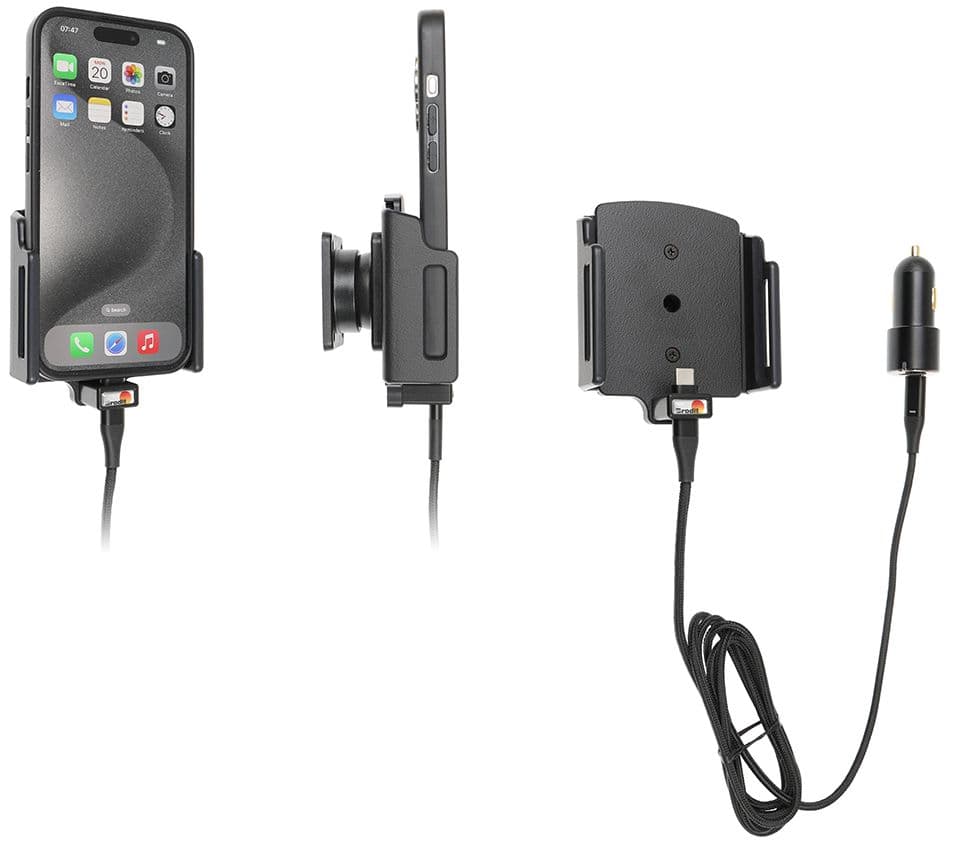 Brodit Aktiv holder med USB-C-lading 721376 (iPhone 17/17 Pro/16e/16/16 Pro/15/15 Pro)