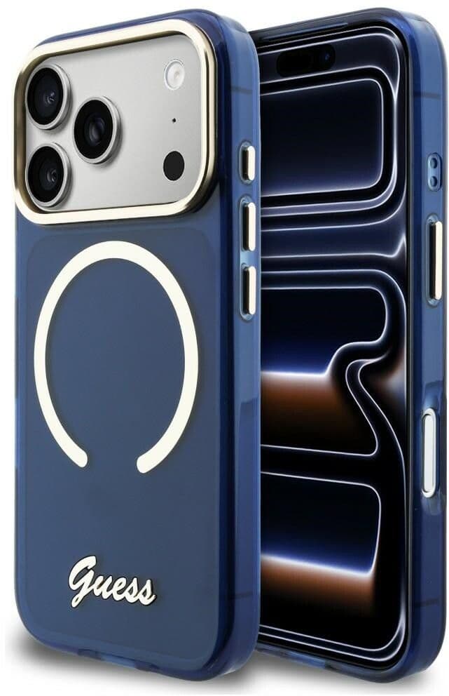Guess IML Script Metal MagSafe Case (iPhone 17 Pro) - Blå