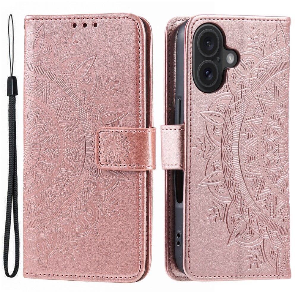 Trolsk Lommebokdeksel Mandala med Stropp (iPhone 16) - Roségull