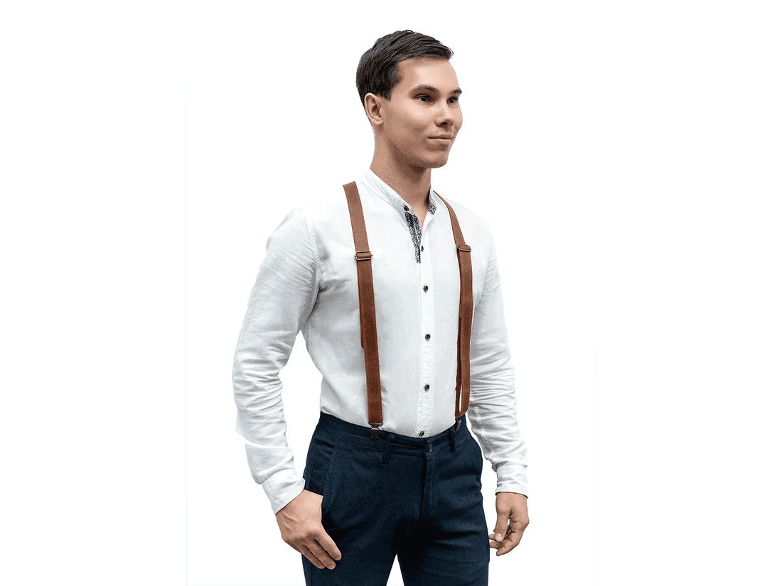 BeaverCraft Adjustable Brown Leather Suspenders Braces with 4 Metal Clips (Size: Small)