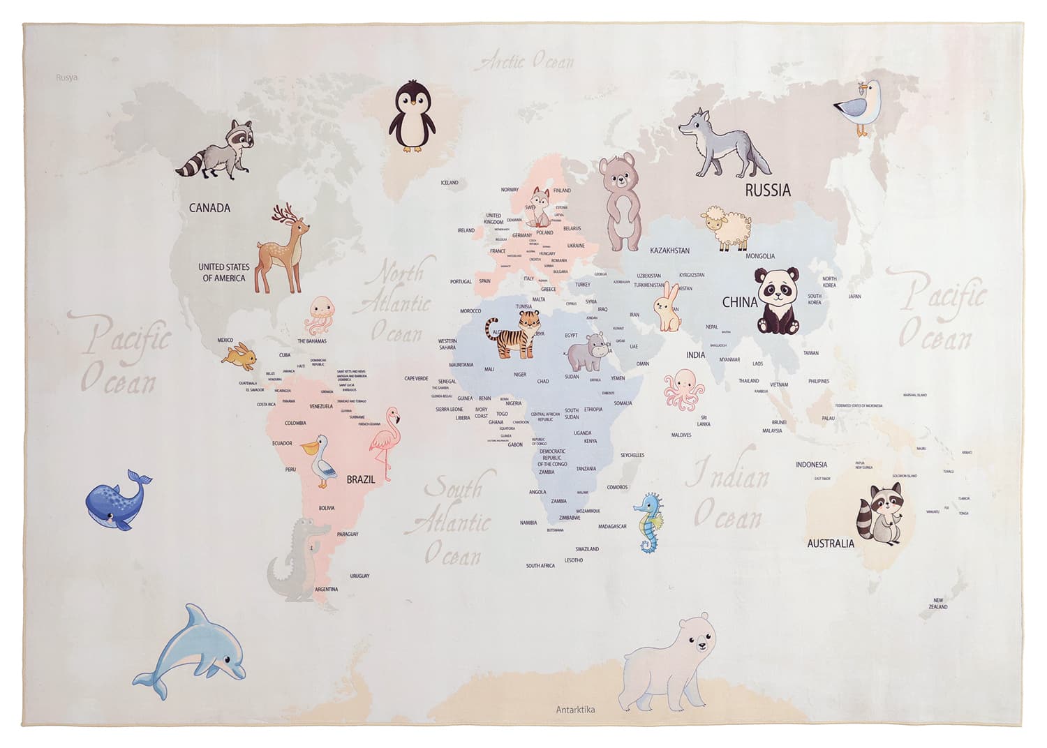 Barneteppe - Animal Map (beige) (Størrelse: 160 x 230 cm)