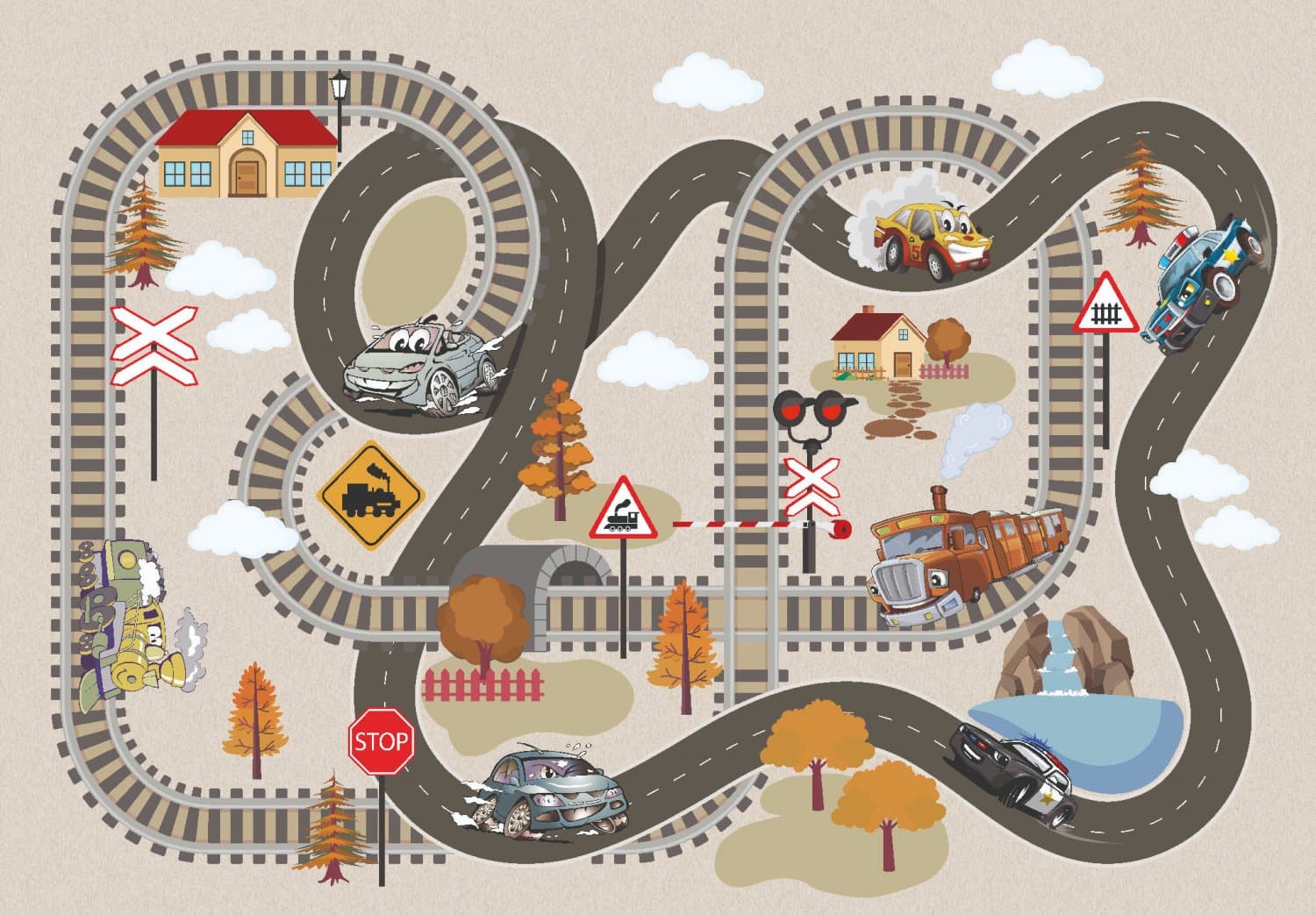 Barneteppe - Autumn Town (Størrelse: 160 x 230 cm)