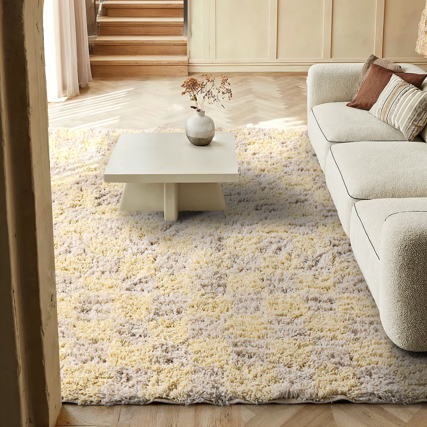 Ryetepper - Methoni Check Cotton Shaggy (kermanvärinen/lysegul) (Størrelse: 240 x 340 cm)